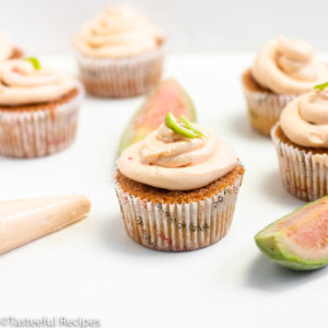 Straight on shot of vanilla guava cupcakes
