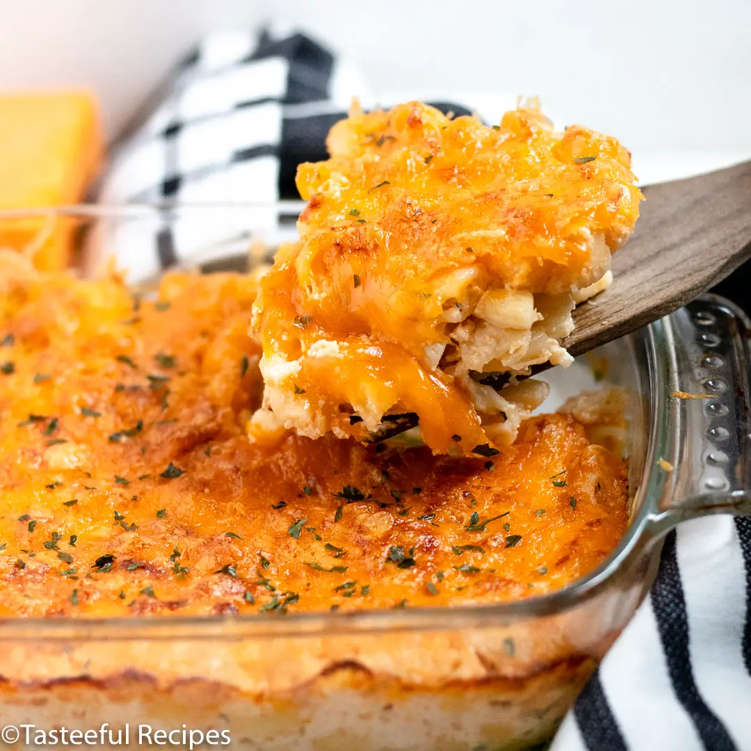 Straight on shot of a spatula with baked macaroni