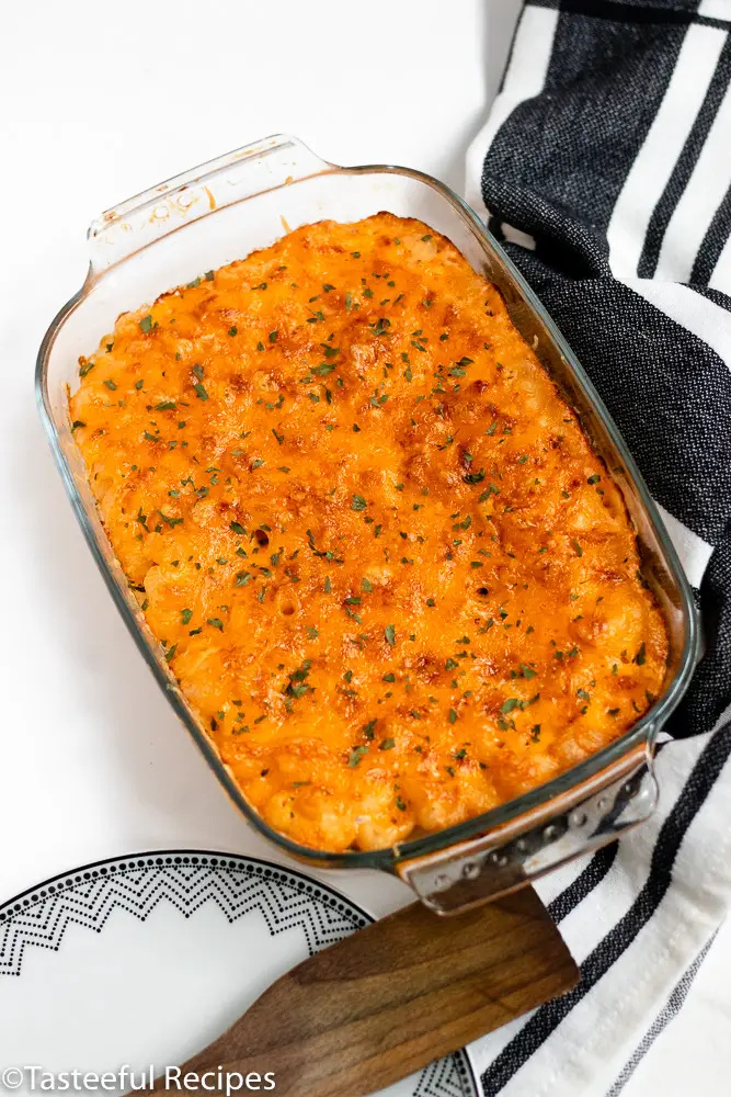 Oerhead shot of 3-cheese baked macaroni and cheese