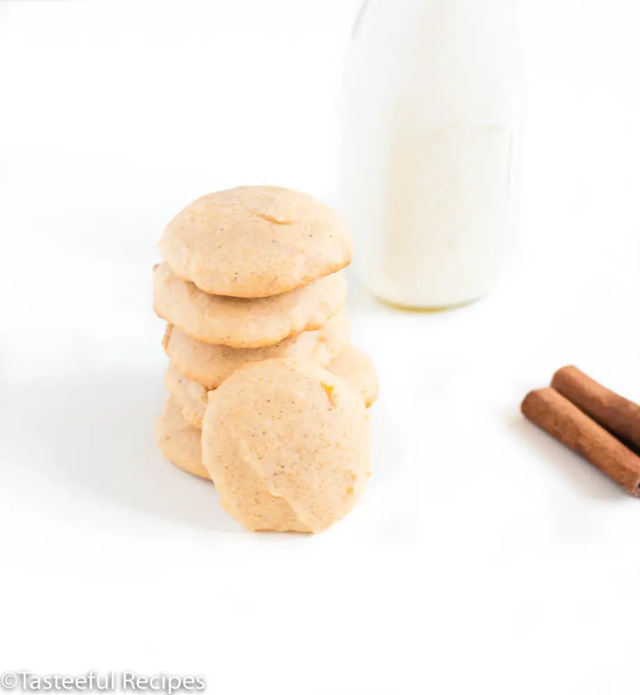 Straight on shot of a stack of soft vanilla spice cookies