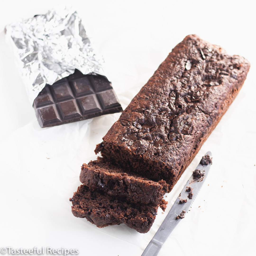 Angled shot of vegan chocolate loaf cake