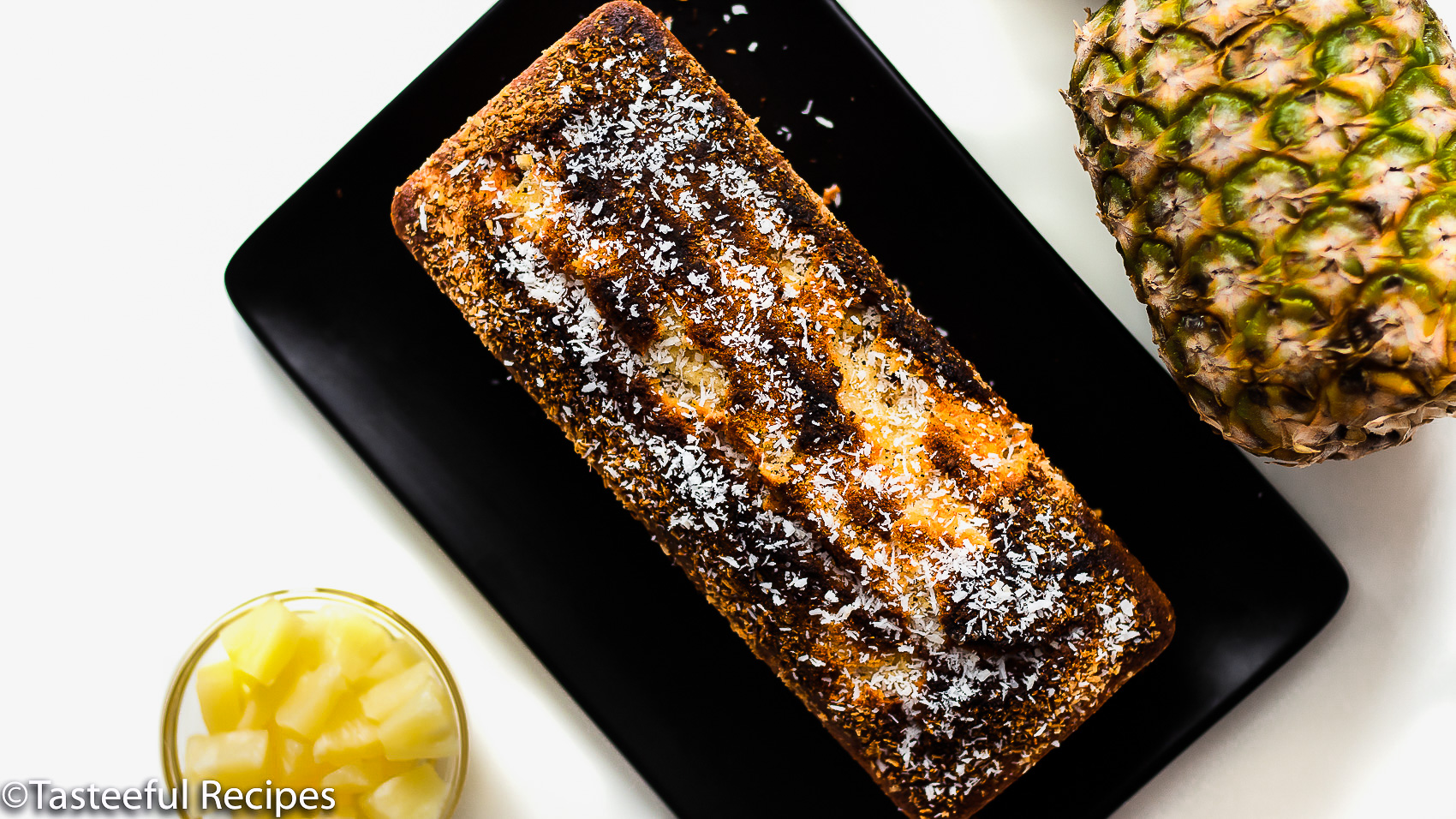 Overhead shot of coconut pineapple loaf cake