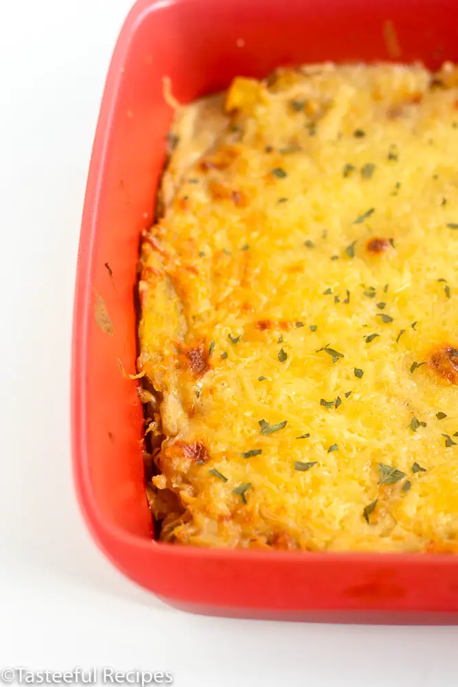 Angled shot of baked plantain gratin