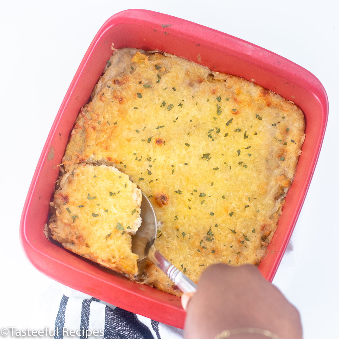 Overhead shot of plantain gratin being served 