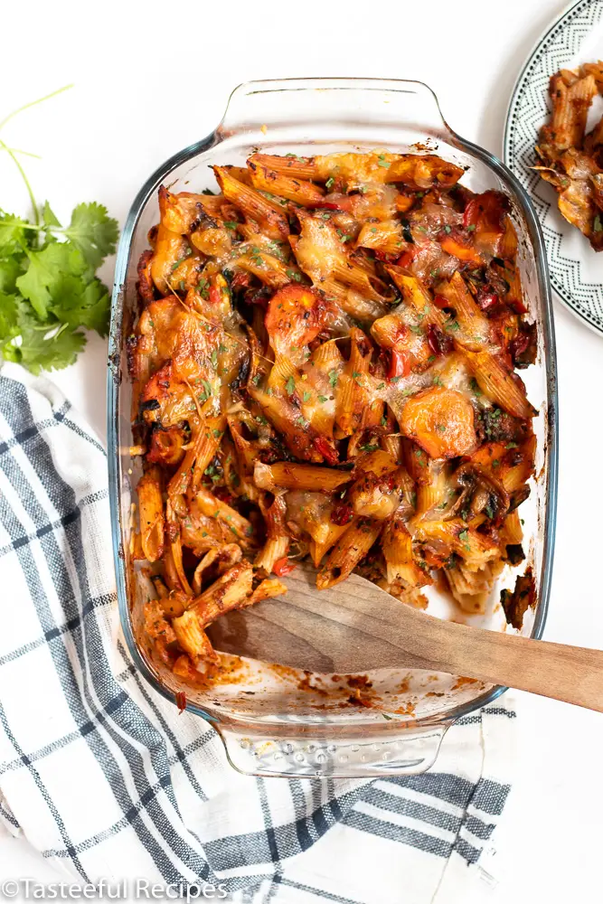 Overhead shot of vegetarian pasta bake