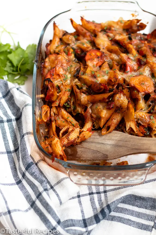 Angled shot of vegetarian pasta bake