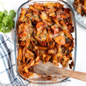 Overhead shot of vegetarian pasta bake