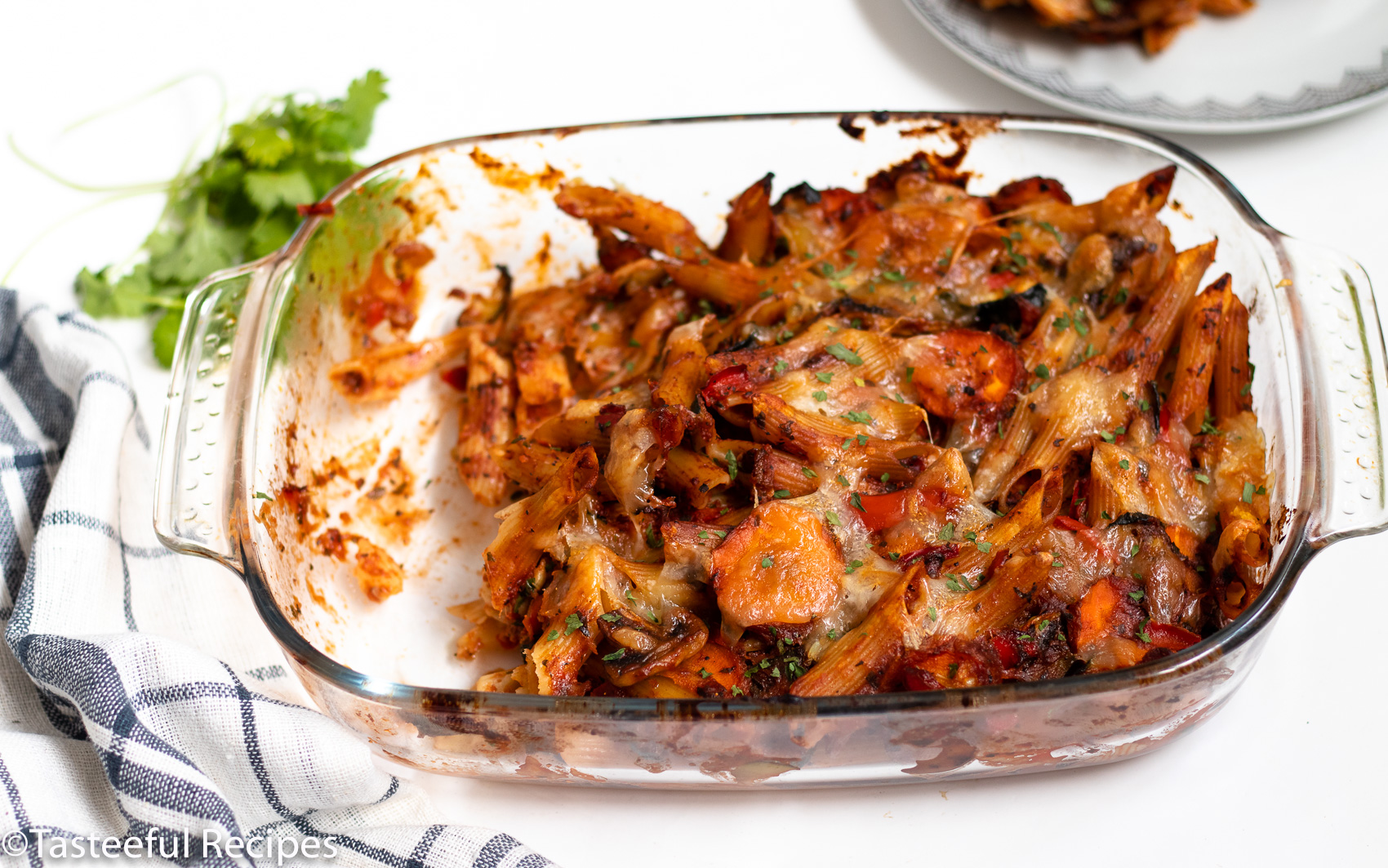 Angled shot of vegetarian pasta bake