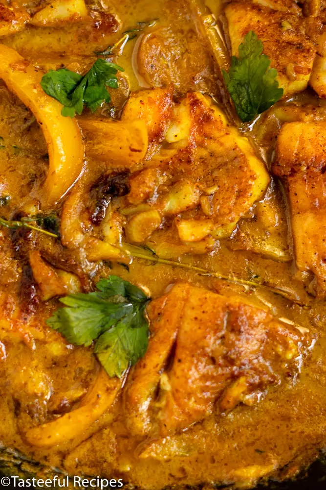 Overhead shot of a close up shot of Caribbean coconut curry fish