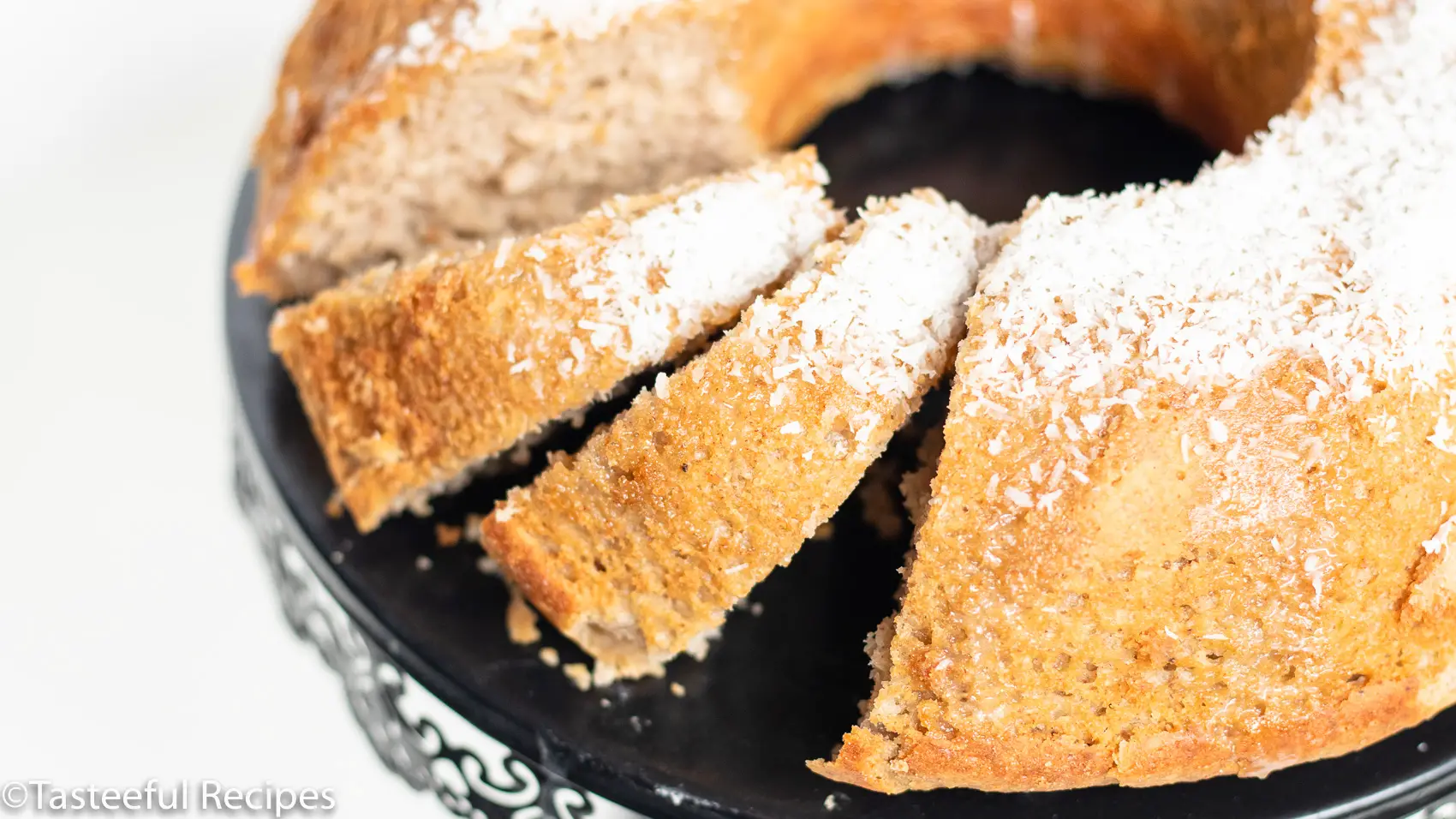 Angled shot of a coconut plantain cake