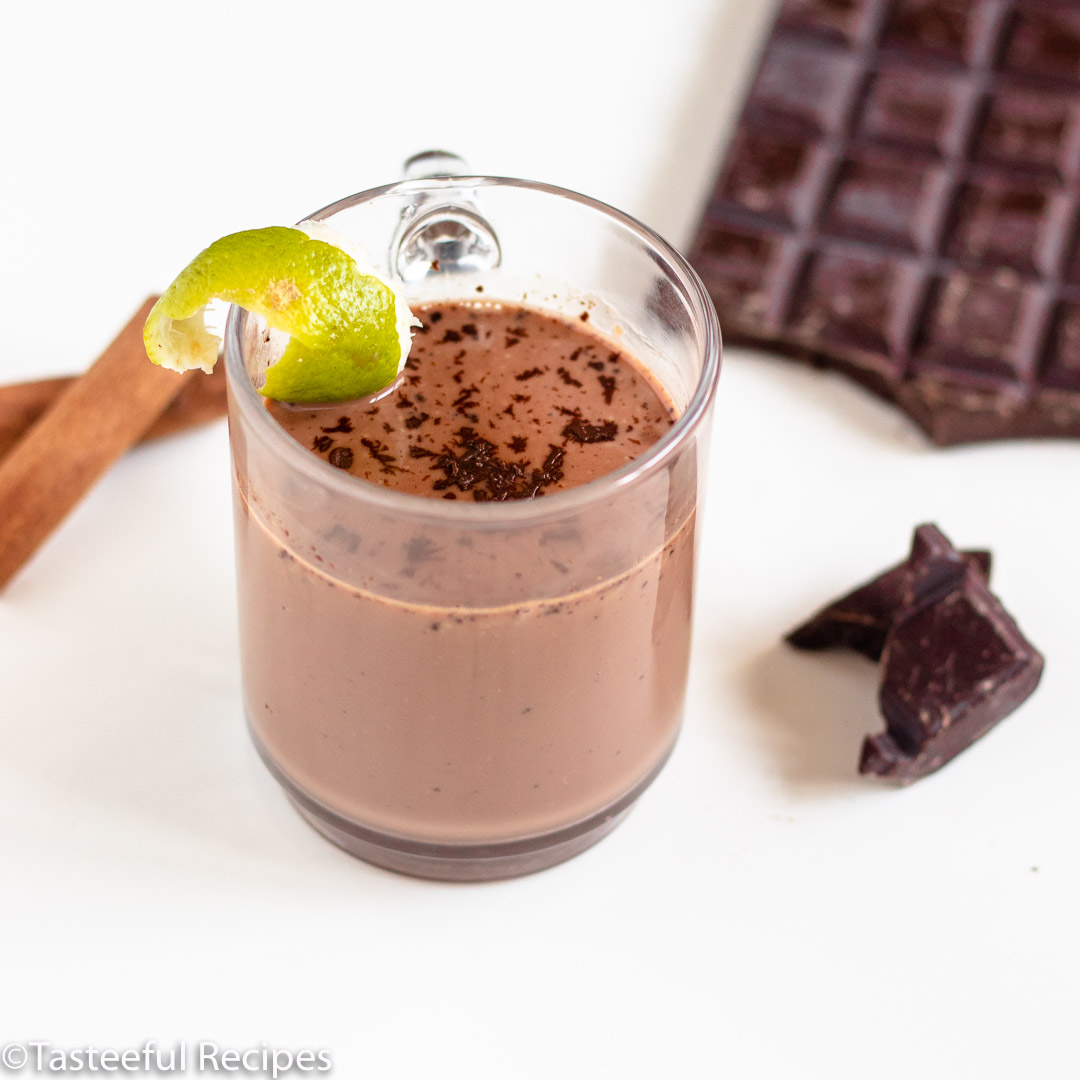 Angled shot of a cup of creole style hot chocolate