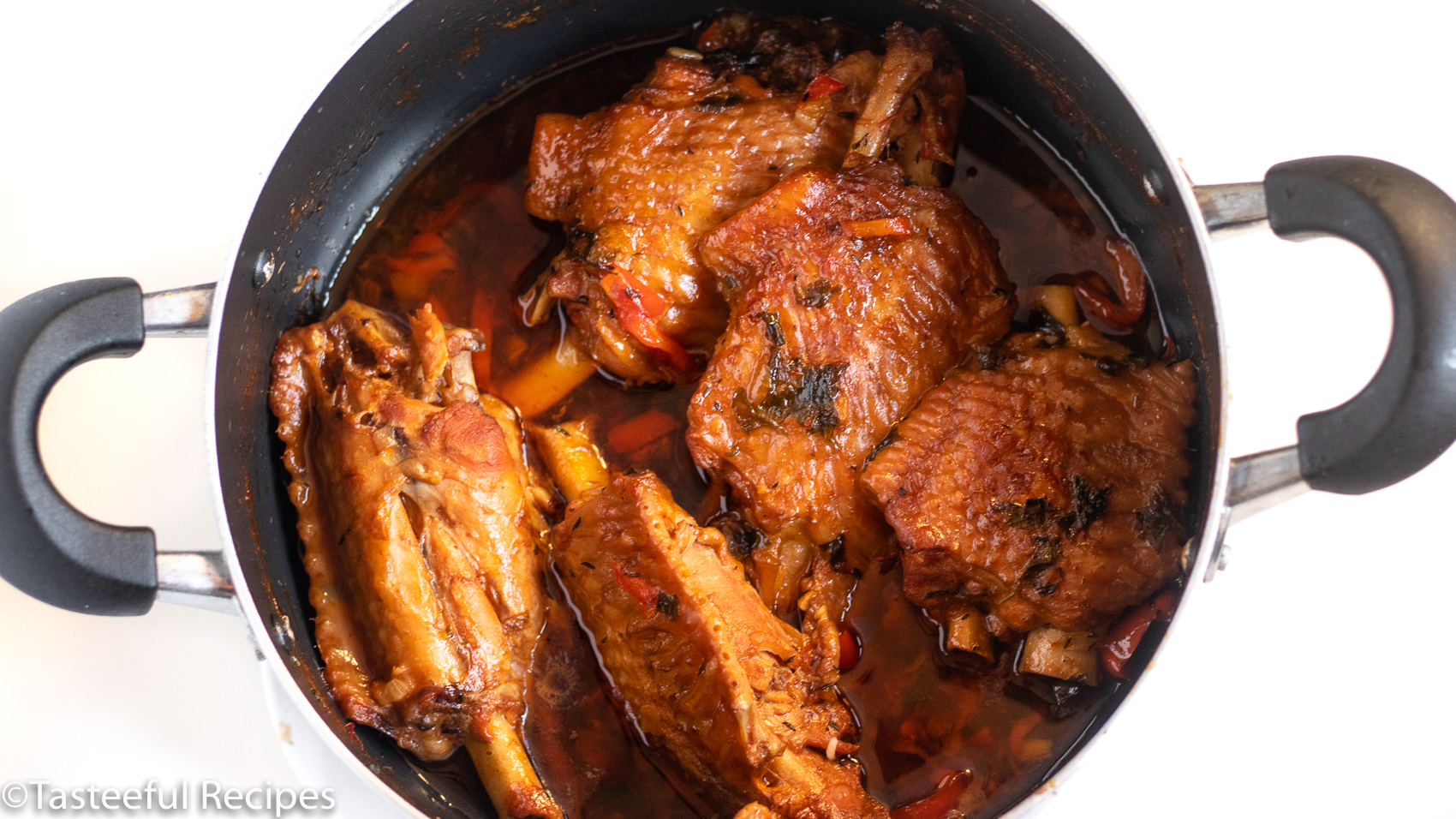 Overhead shot of Caribbean stewed turkey wings