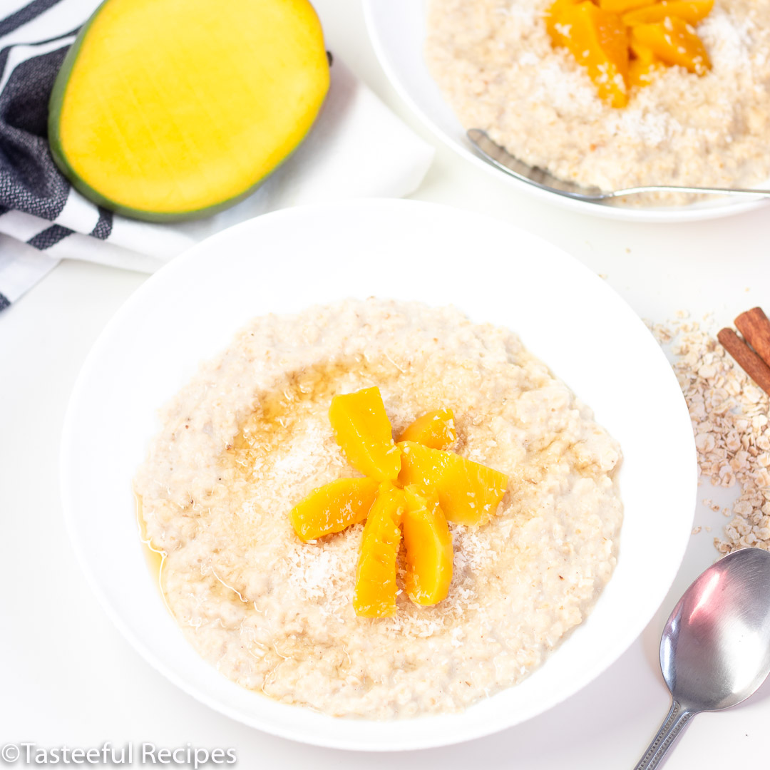 Angled shot of a bowl of coconut mango oatmeal