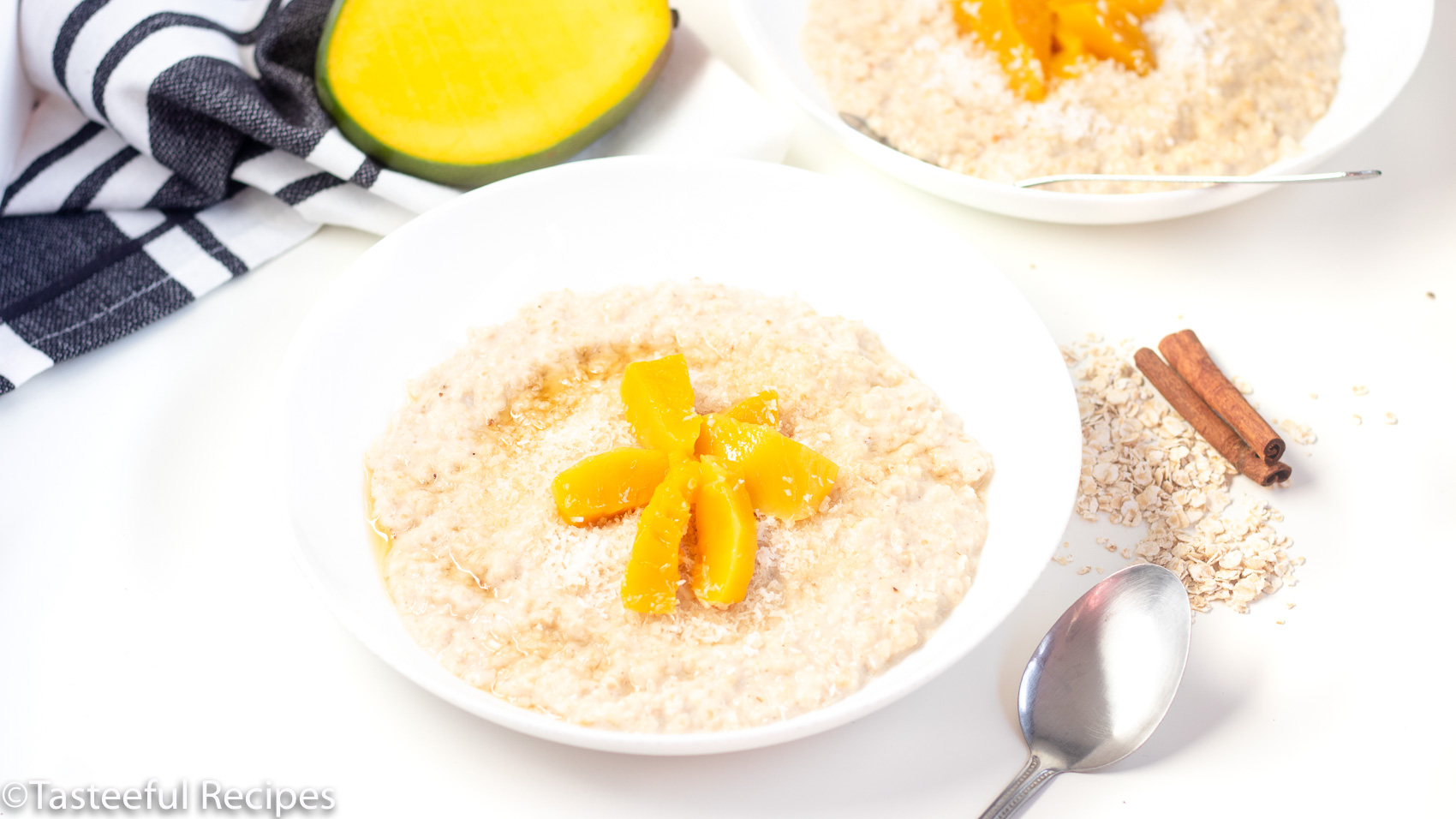 Straight on shot of coconut mango oatmeal