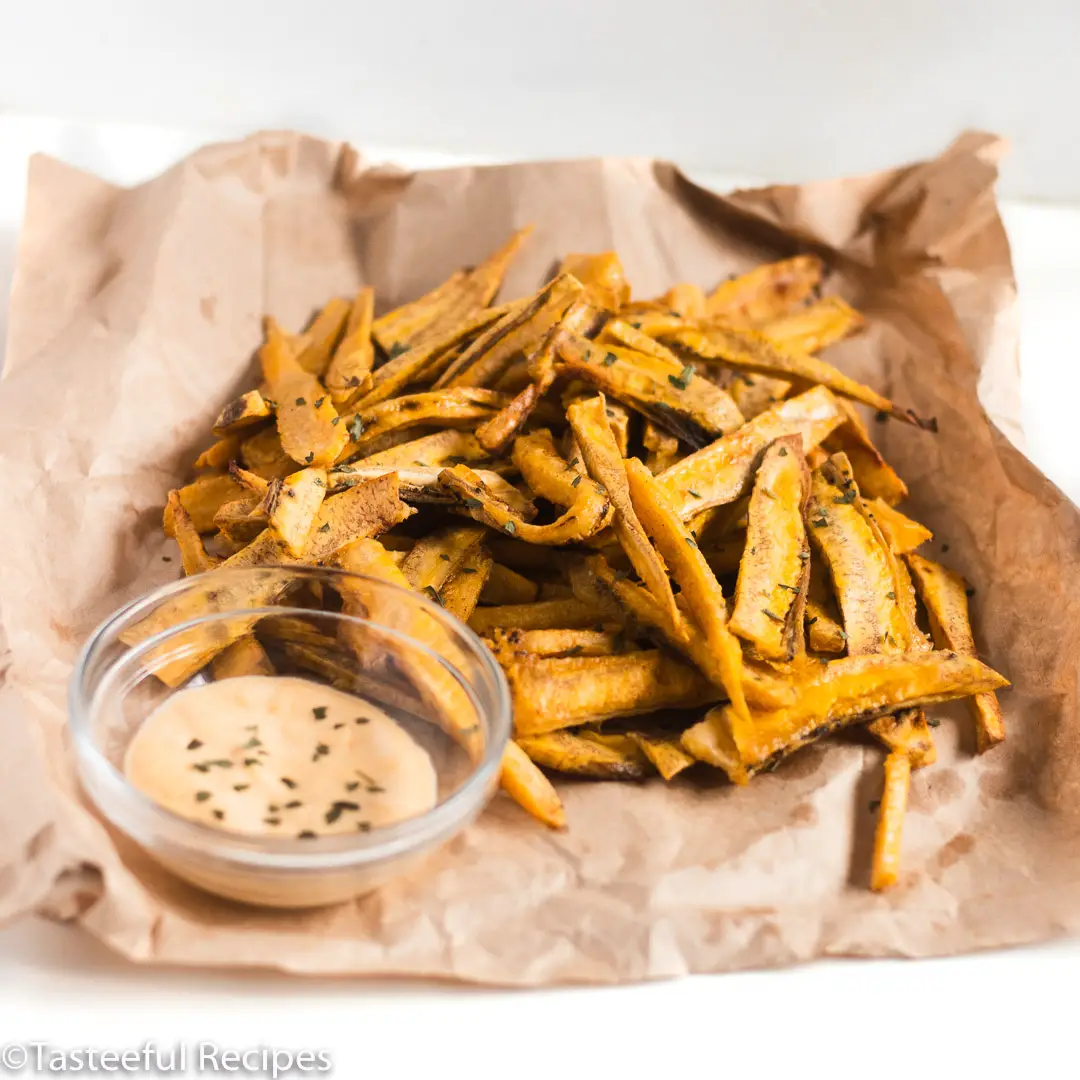 Straight on shot of baked plantain fries