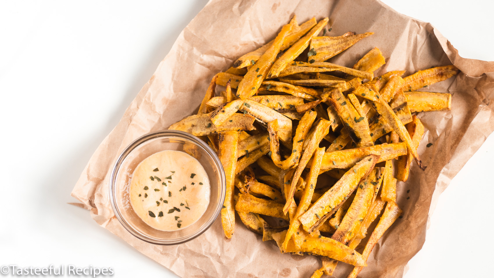 Overhead shot of baked plantain fries