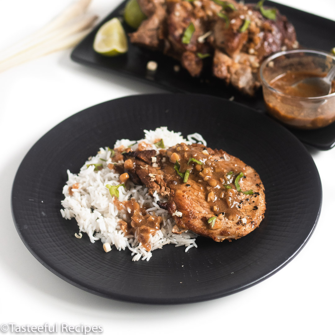 Angled shot of plate of lemongrass pork chops