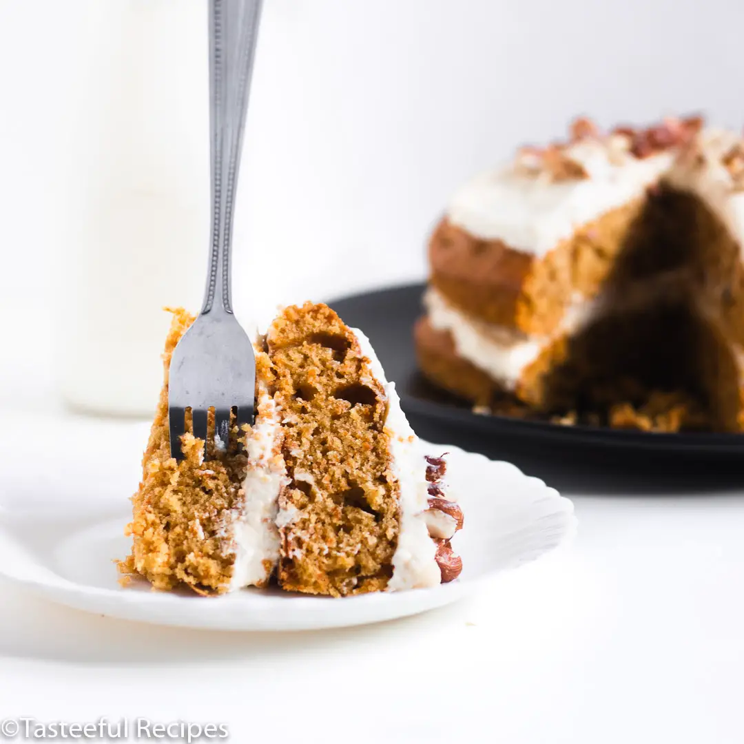 Carrot cake with a knife in it