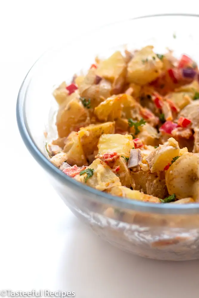 Bowl of creamy warm potato salad