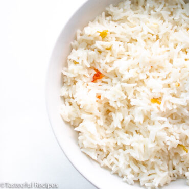 Close up shot of a bowl of Caribbean coconut rice