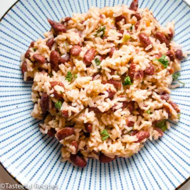 Overhead close-up shot of a plate of Caribbean rice and peas