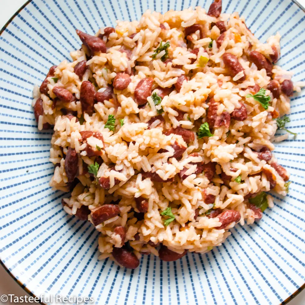 Overhead close-up shot of a plate of Caribbean rice and peas