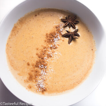 Overhead shot of a bowl of Caribbean cornmeal porridge