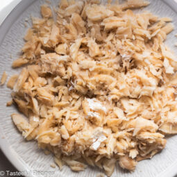 Close up shot of a plate of cooked saltfish