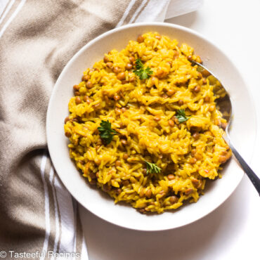 Overhead shot of a plate of Caribbean yellow rice and peas