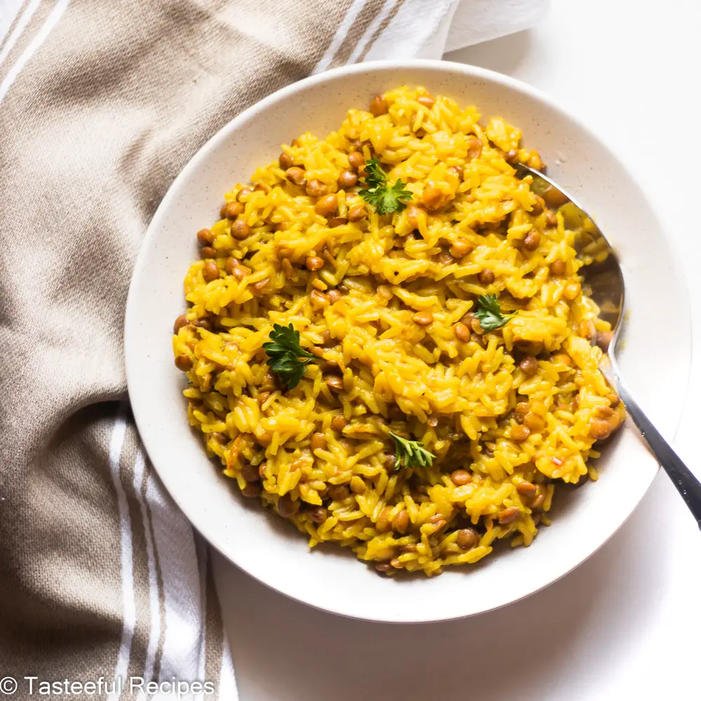 Overhead shot of a plate of Caribbean yellow rice and peas