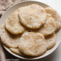 Overhead shot of a plate of boiled cassava dumplings