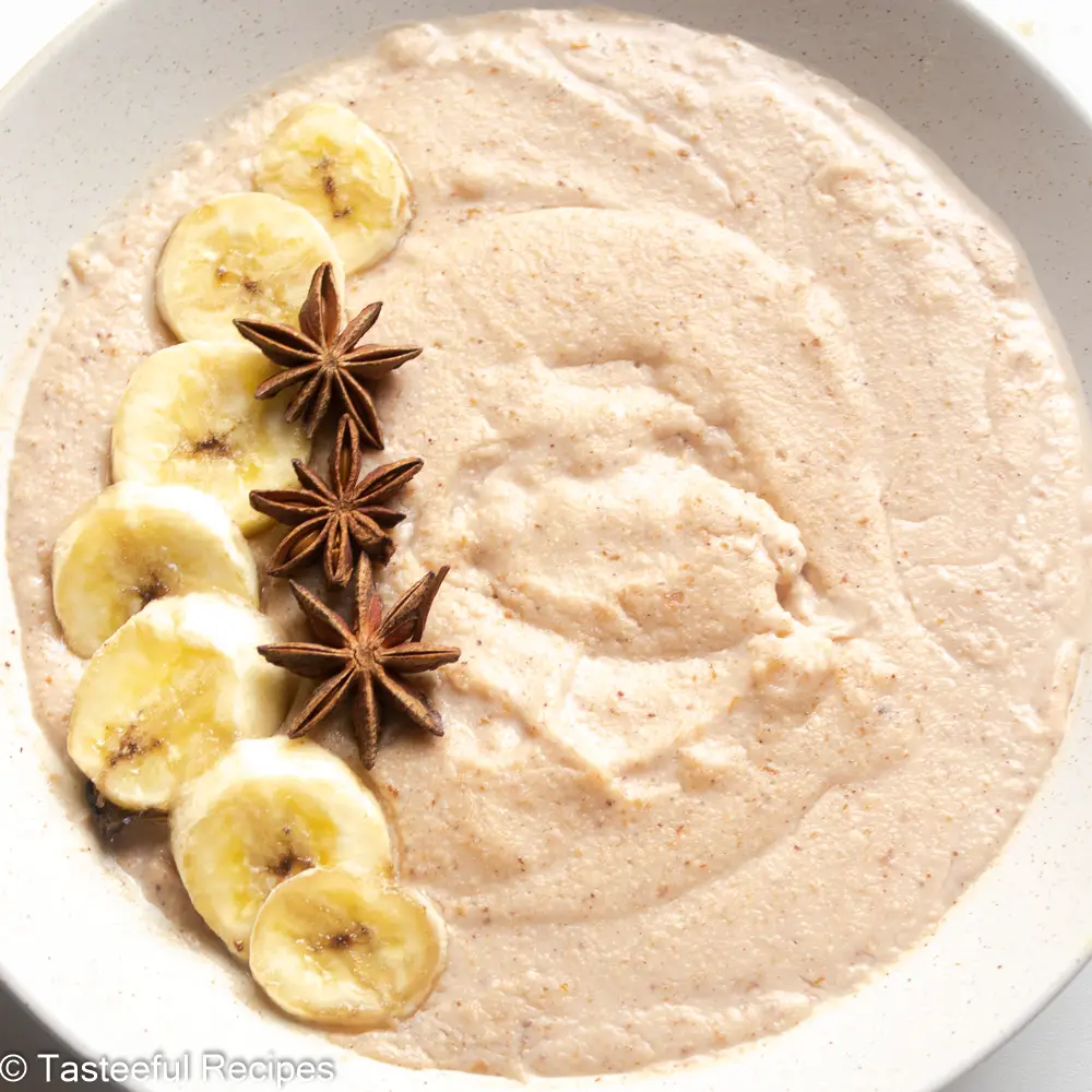 Overhead shot of a bowl of Jamaican style peanut porridge